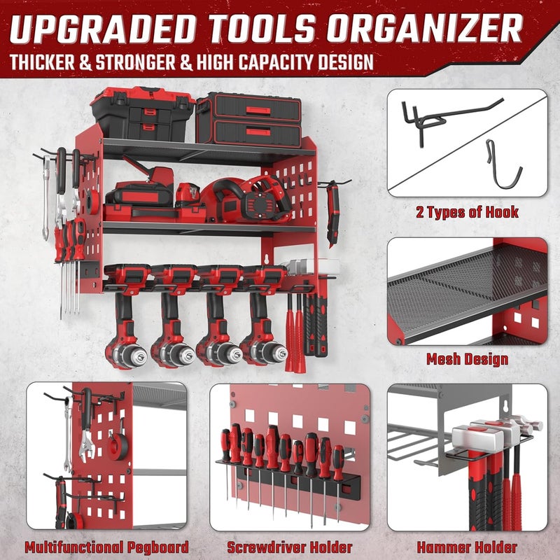 SUNALLY Store Power Tool Organizer, Heavy Duty Wall Mount Tool Organizer 3 Layers with 4 Drill Holders, Garage Tools Storage Rack with 2 Side Pegboards and Hooks for Workshop, Shed, Red - Image 5